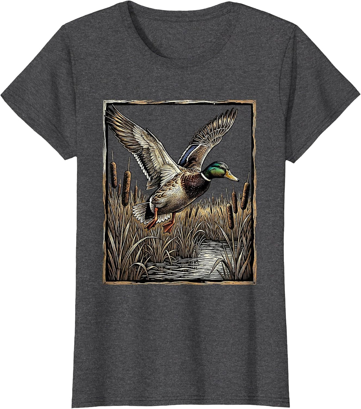Women's Camo Duck Flying Over Cattail Marsh Graphic T-Shirt - Dark Heather Grey