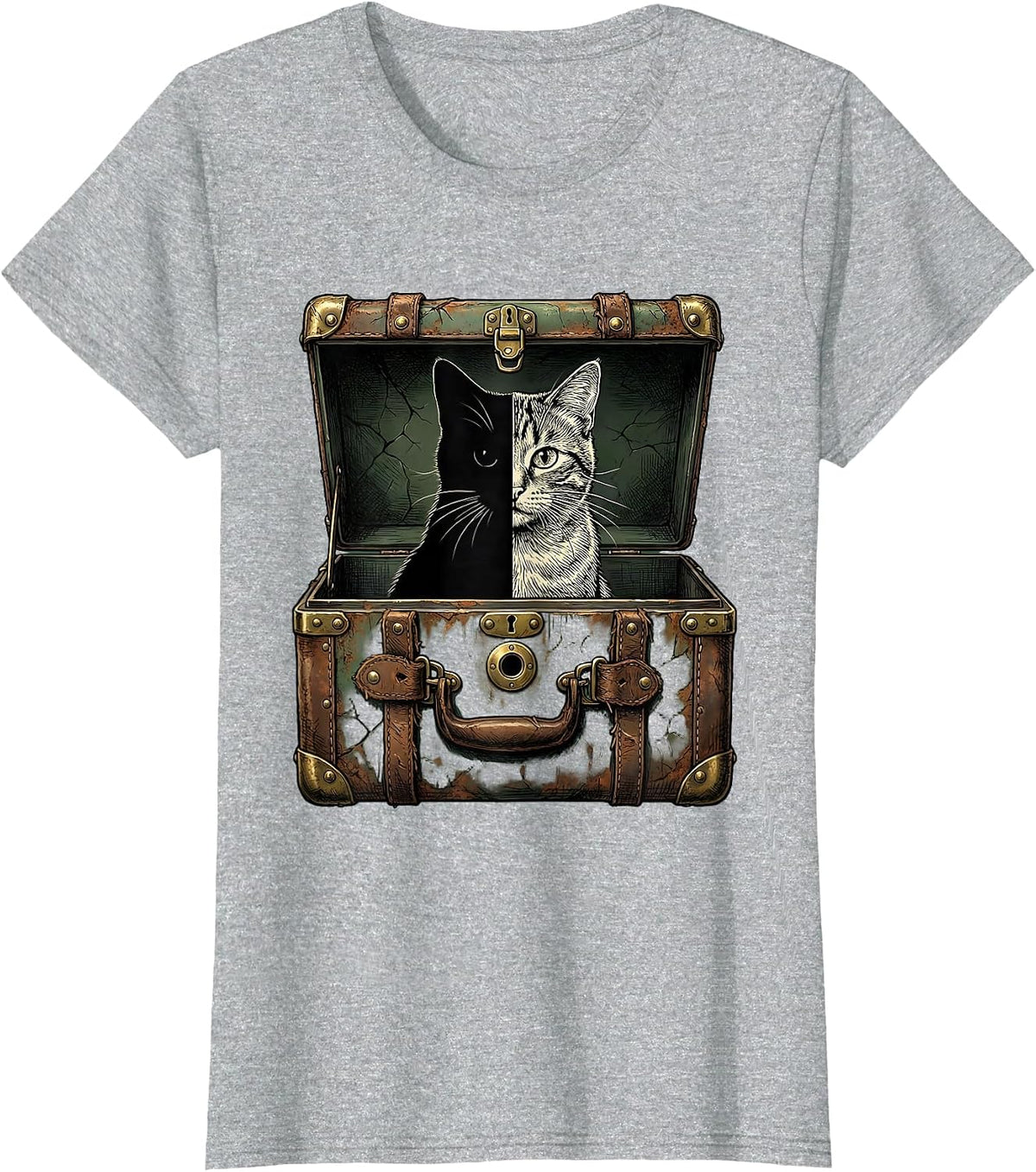 Worn Steamer Trunk Quantum Physics Cat Humor T-Shirt - Heather Grey
