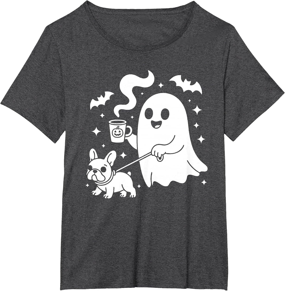 Ghost Walking Dog French Bulldog Coffee Halloween Costume T-Shirt - Dark Heather Grey