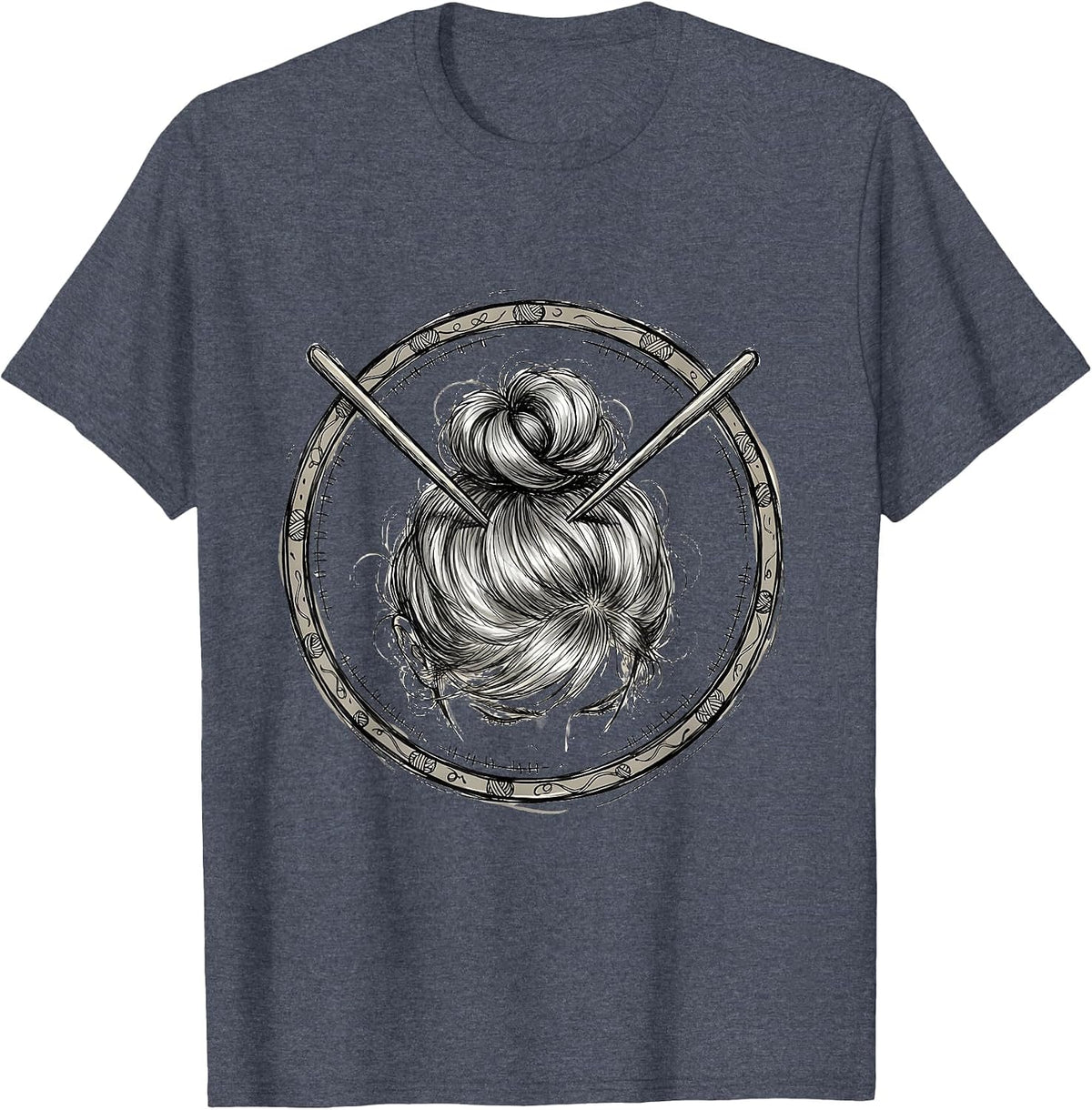 Nana Knitting Silver Bun Illustration T-Shirt - Heather Blue