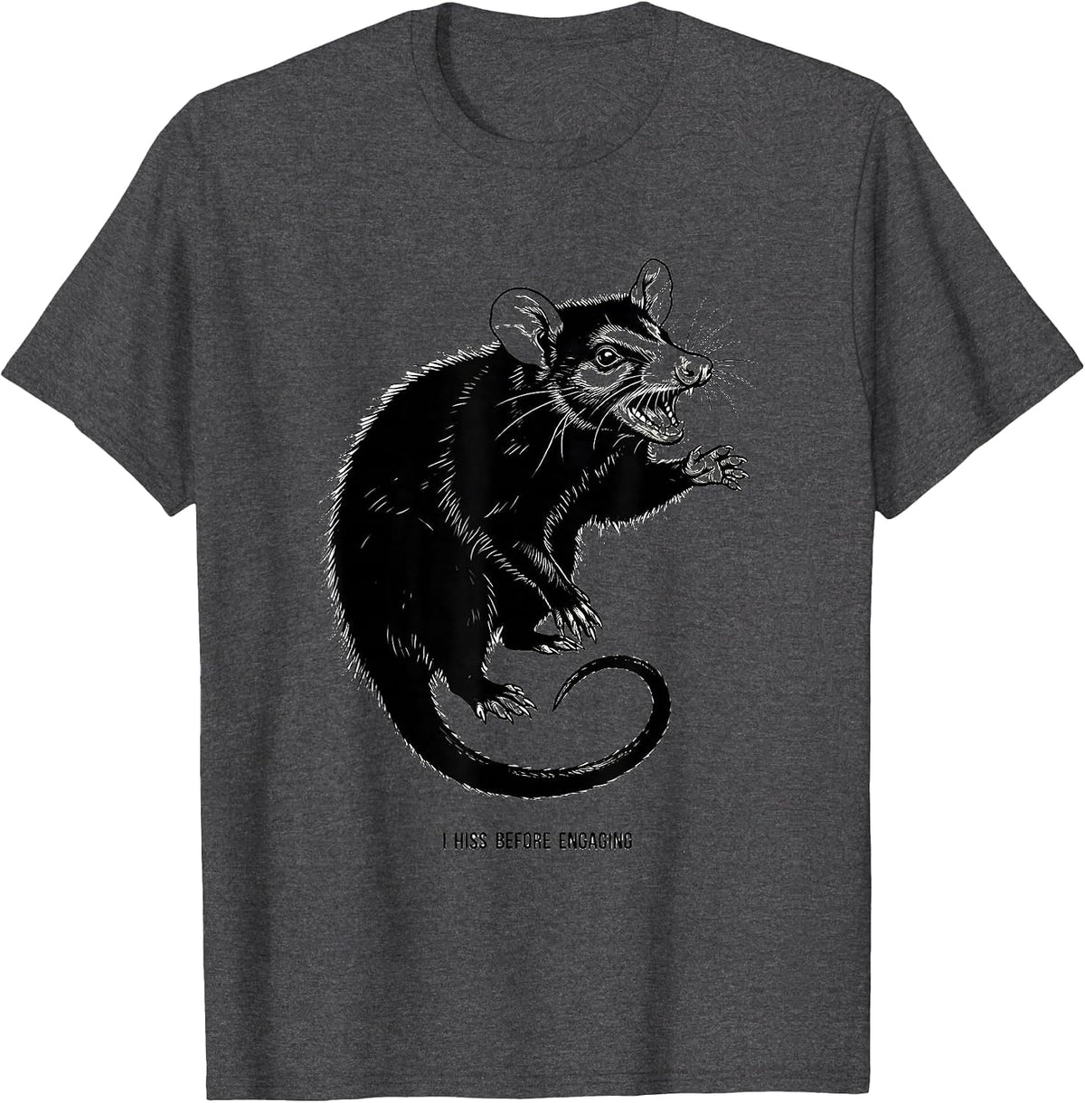 I Hiss Before Engaging Funny Opossum Animal Meme Humor T-Shirt - Dark Heather Grey