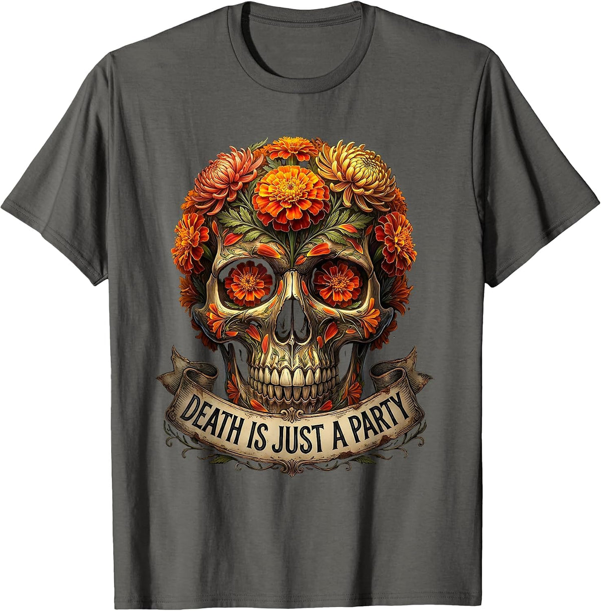 Death Is Just a Party Dia de los Muertos Design T-Shirt - Asphalt Grey