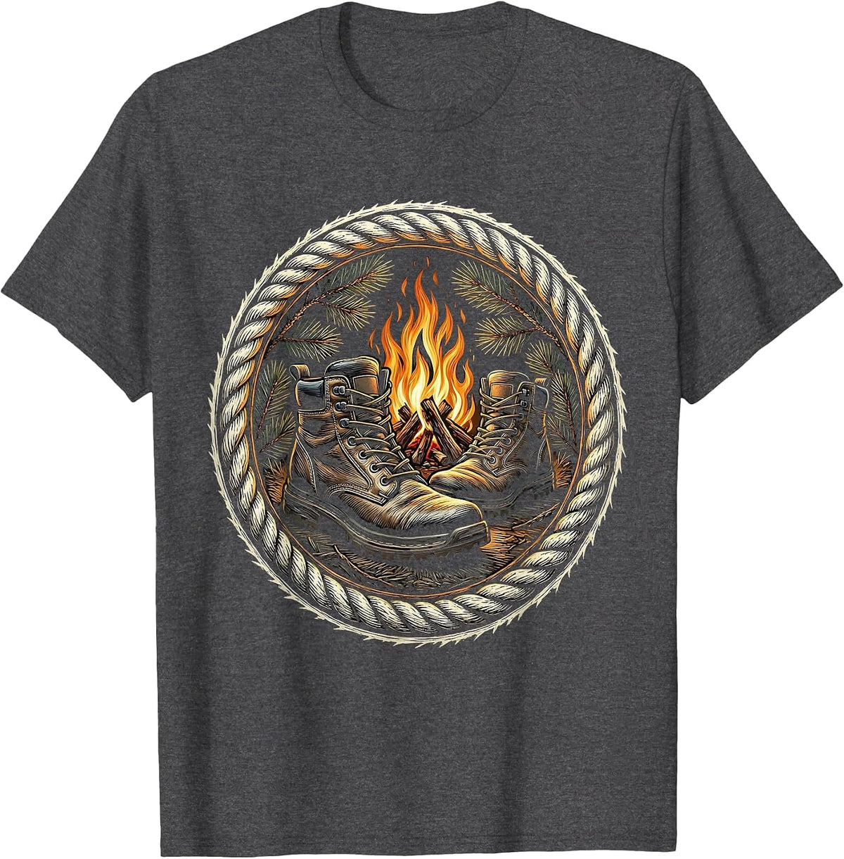 Men's Hunting Boots Campfire Illustration Hunting Design T-Shirt - Dark Heather Grey