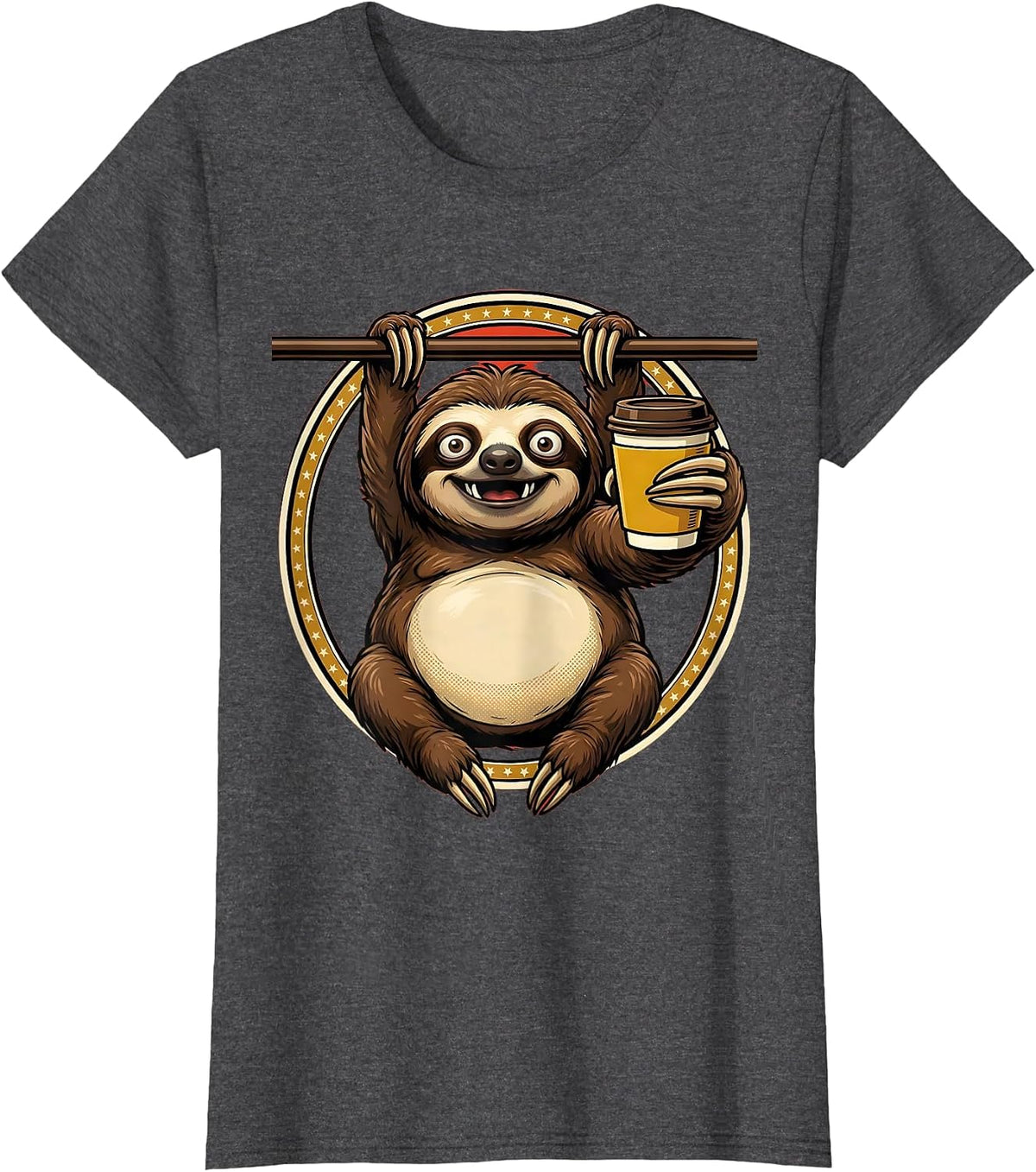 Women's Funny Sloth Hanging With Coffee Graphic T-Shirt - Dark Heather Grey