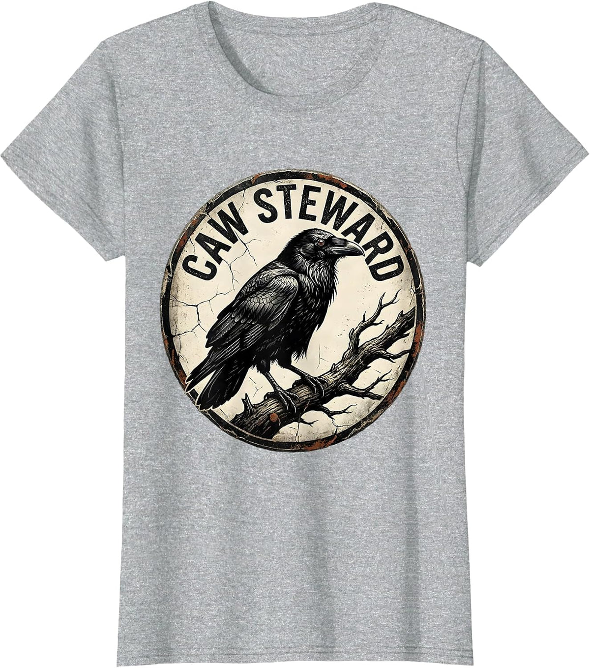 Women's Caw Steward Distressed Crow Bird Gothic Nature Enthusiast T-Shirt - Heather Grey