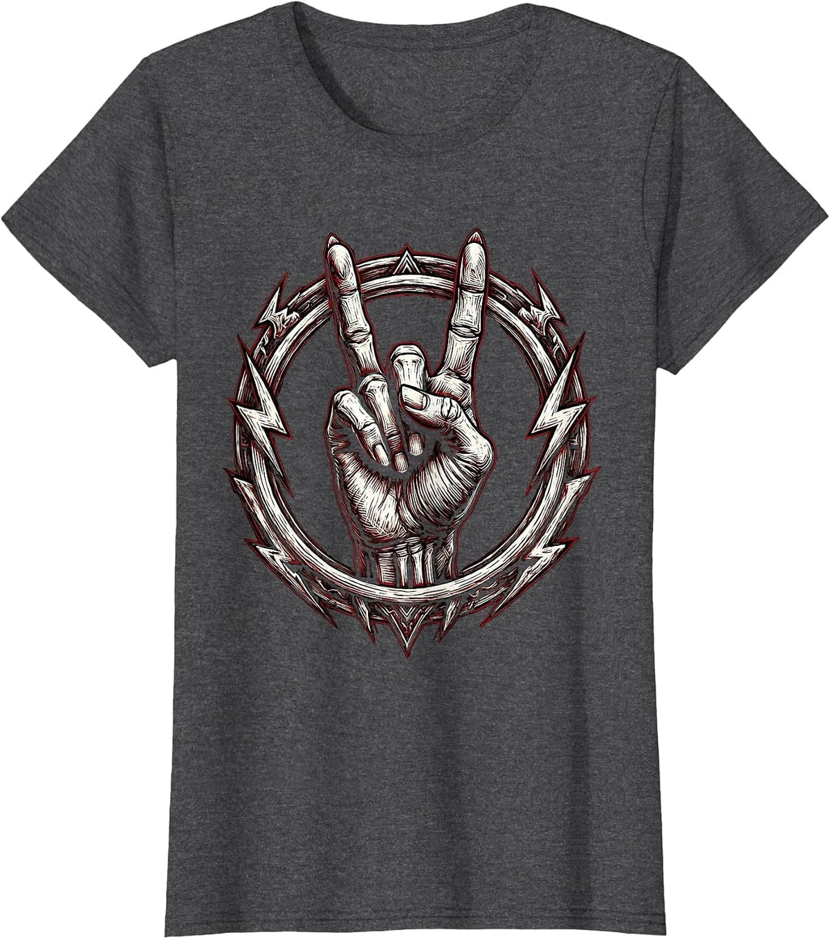 Women's Skeletal Devil Horns Rock And Roll Hand Sign T-Shirt - Dark Heather Grey