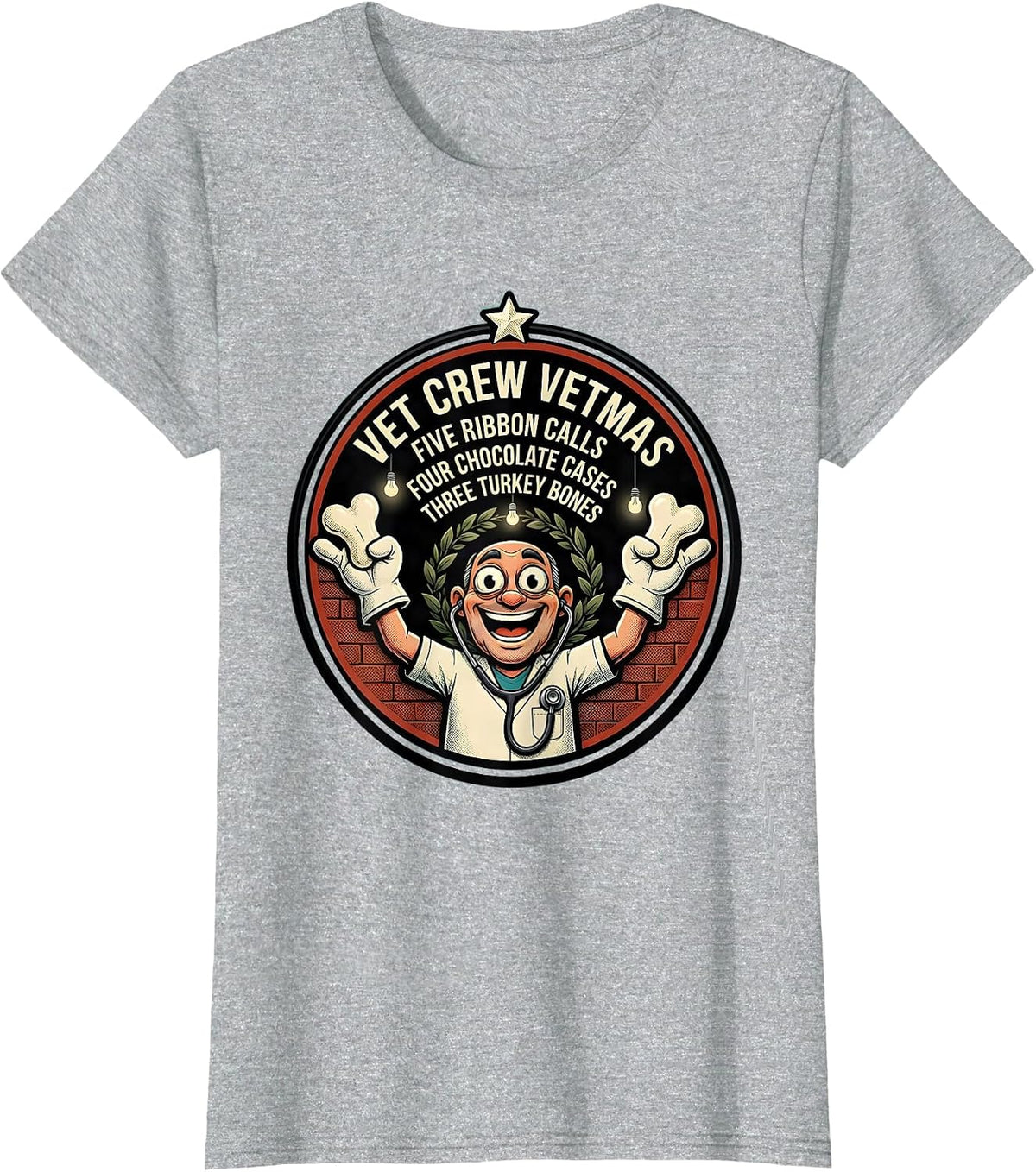 Women's Vet Crew Vetmas Retro Cartoon Veterinary Staff Christmas T-Shirt - Heather Grey