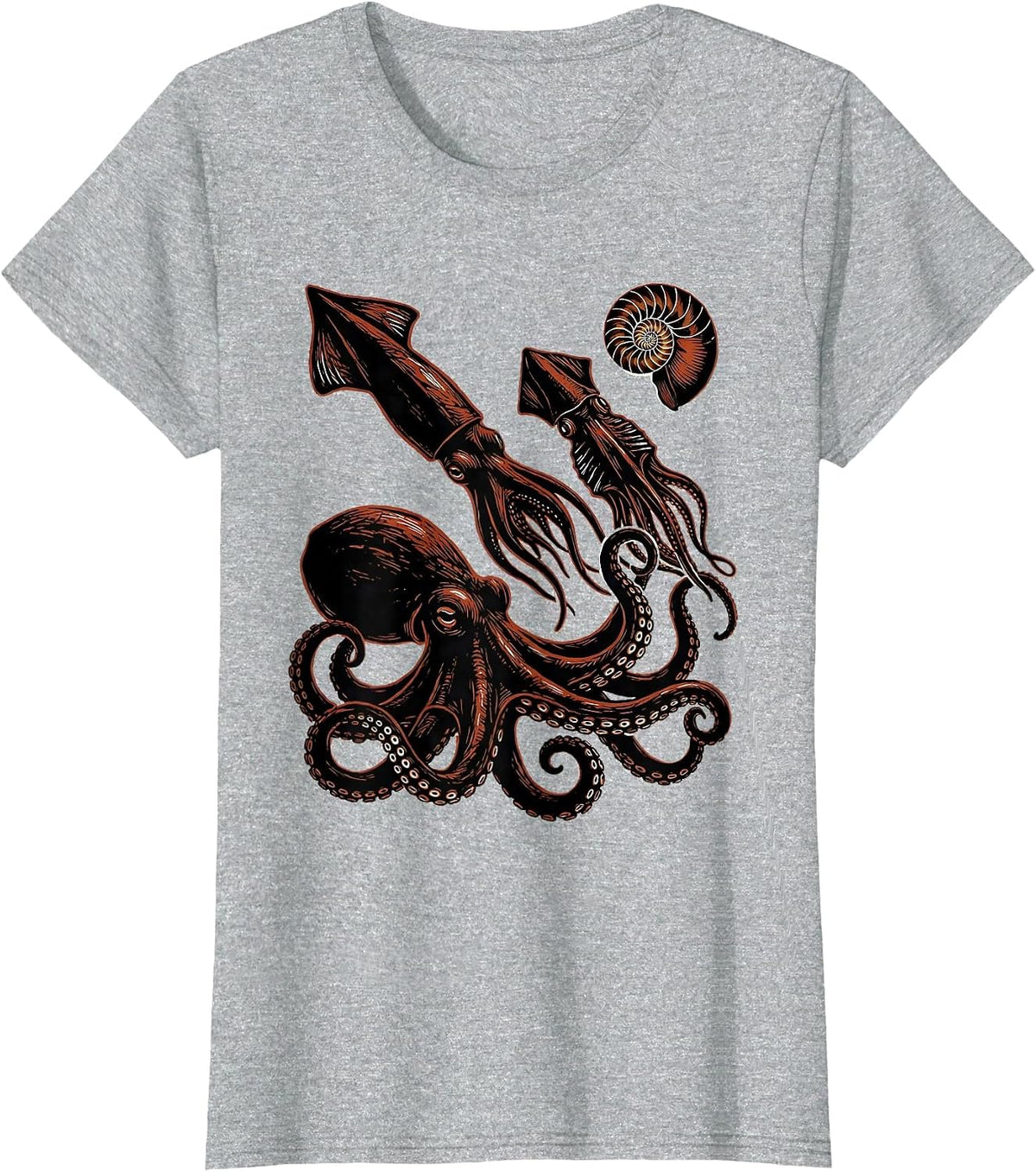 Cephalopod Silhouettes Linocut Octopus Lover Marine Biology T-Shirt - Heather Grey