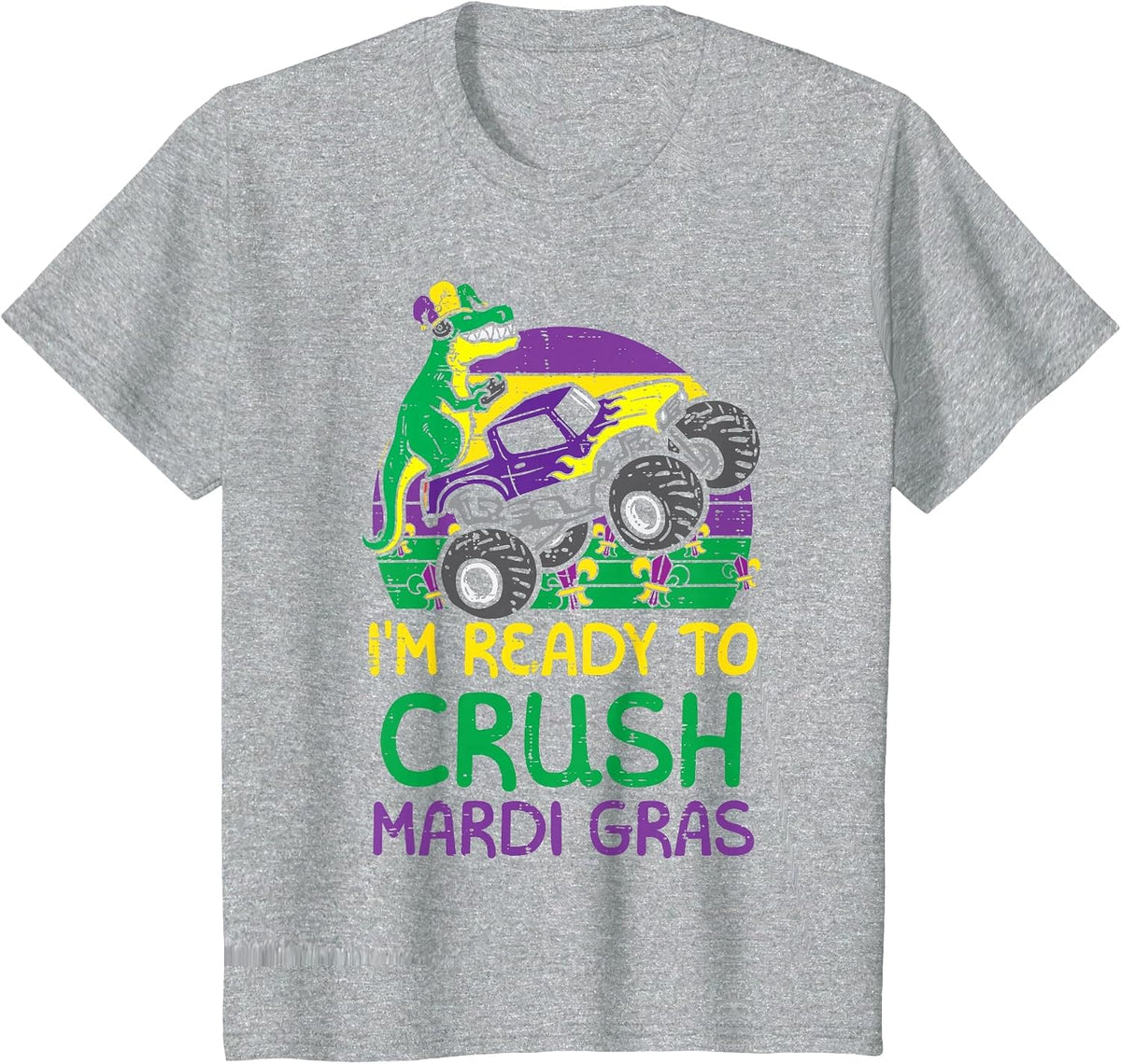Kids Crush Mardi Gras Dino Monster Truck Funny Toddler Boys Kids T-Shirt - Heather Grey