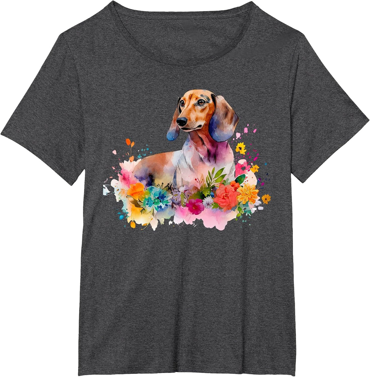 Dachshund Watercolor Art Dog Dog Breed Woman Kids Floral T-Shirt - Dark Heather Grey