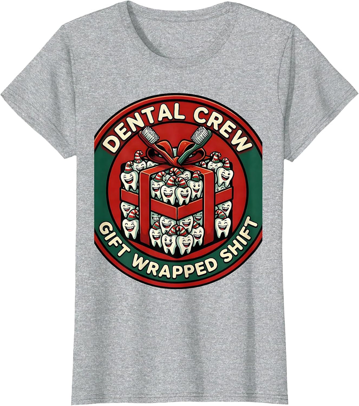 Women's Dental Crew Gift Wrapped Shift Cartoon Dental Team Holiday T-Shirt - Heather Grey