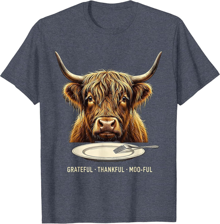 Grateful Thankful Moo-ful Funny Highland Cow Farm Animal T-Shirt - Heather Blue