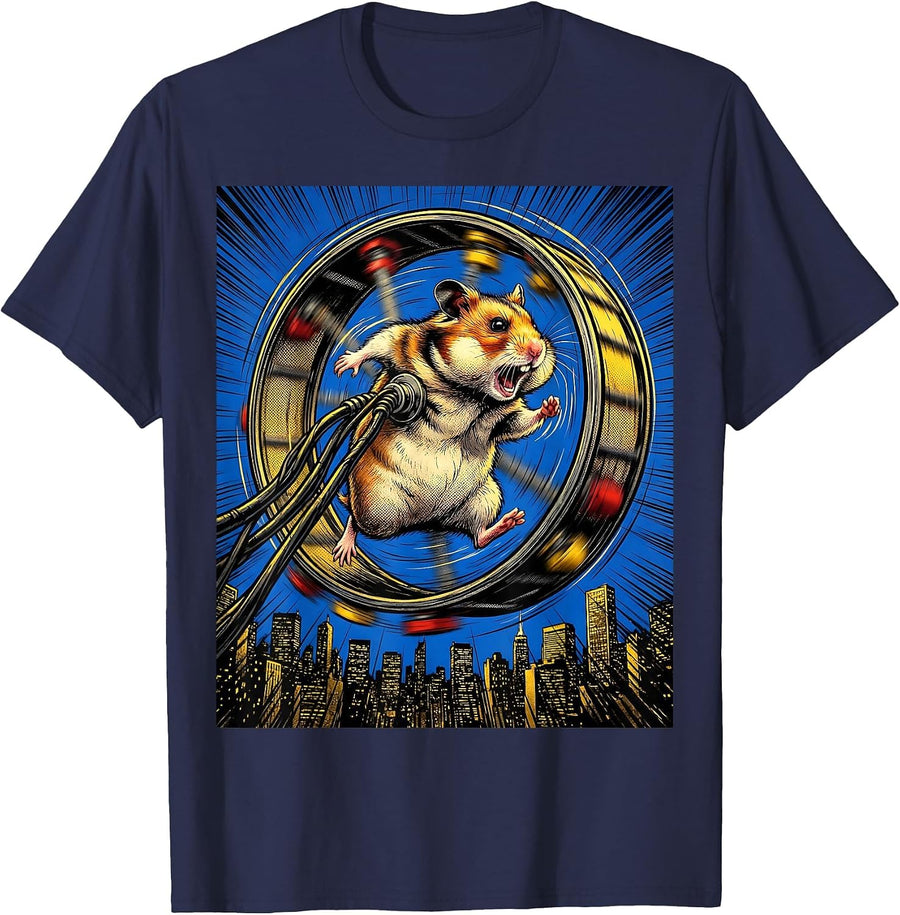 Hamster On Wheel Powering City Skyline T-Shirt - Navy Blue