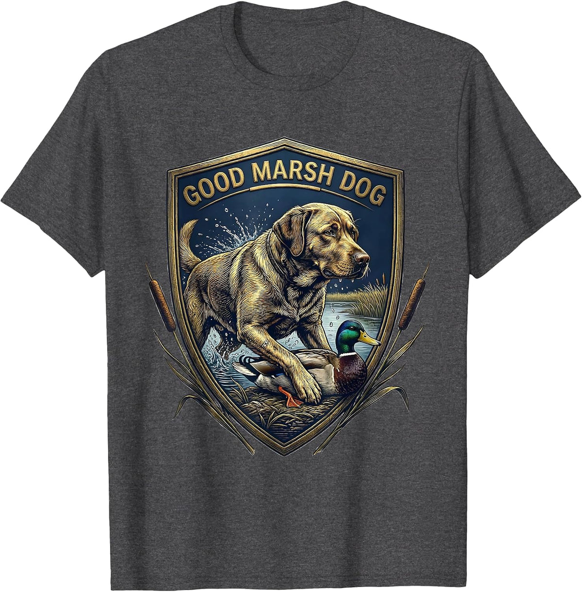 Men's Good Marsh Dog Vintage Emblem Labrador Hunting Dog Duck T-Shirt - Dark Heather Grey