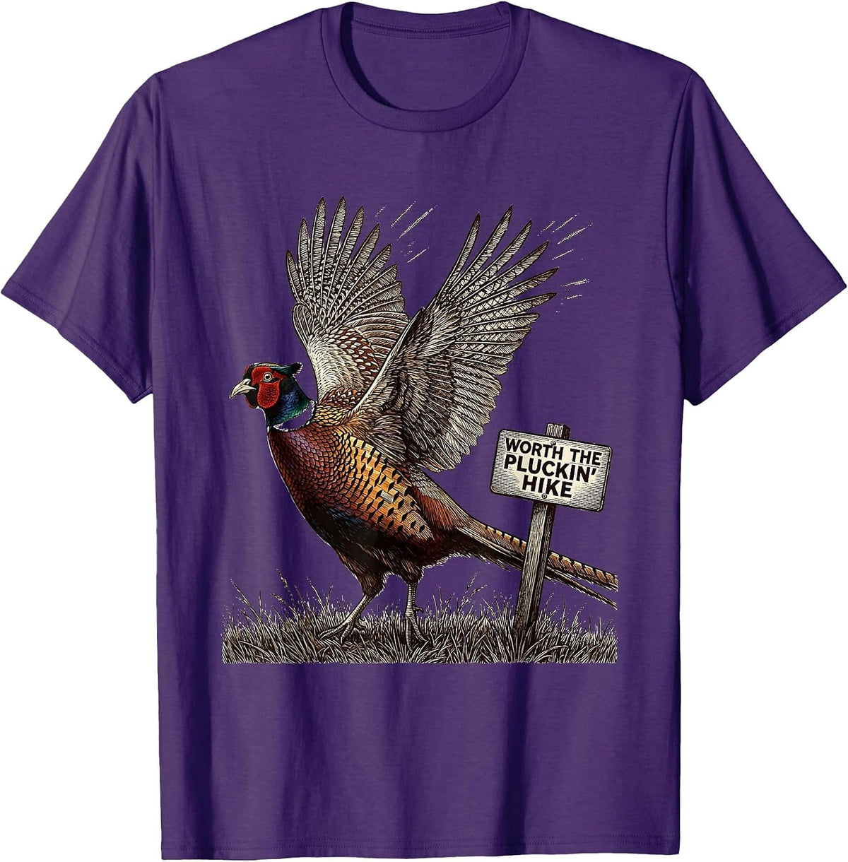 Men's Worth The Pluckin' Hike Crosshatch Etching Pheasant Hunter T-Shirt - Purple