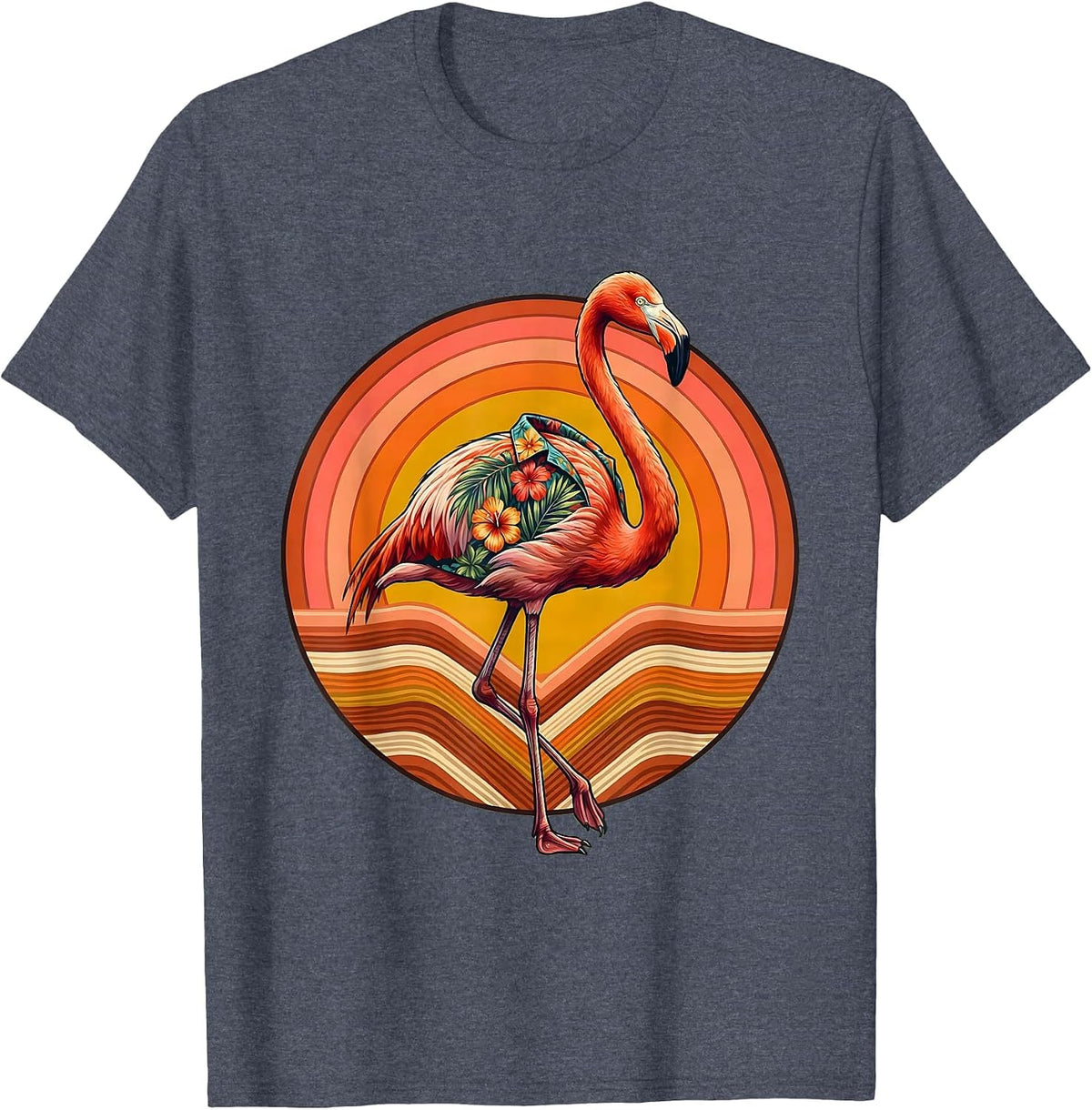 Flamingo in Floral Hawaiian Shirt Graphic T-Shirt - Heather Blue