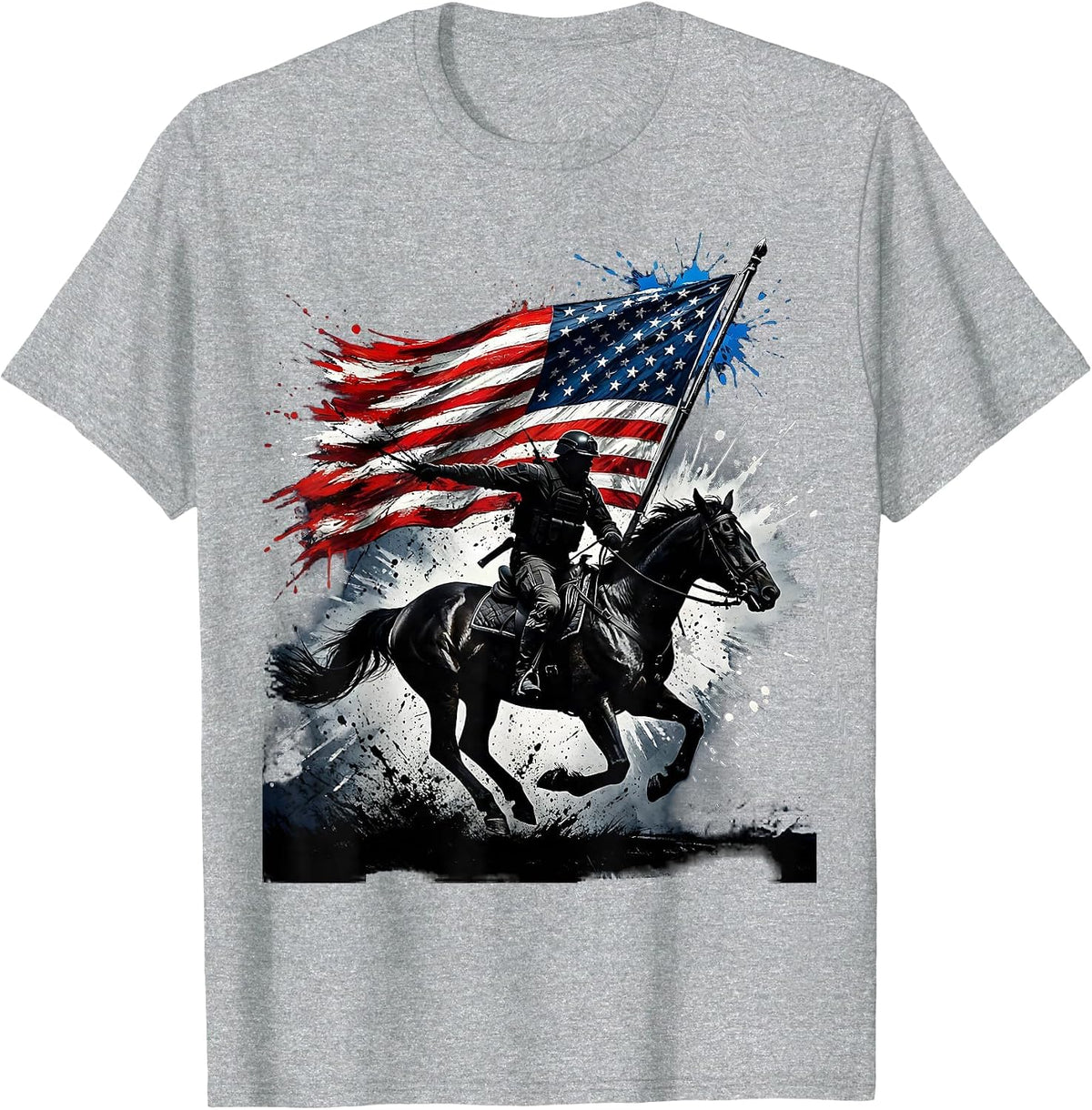 Men's American Flag Horseback Rider at Full Gallop T-Shirt - Heather Grey