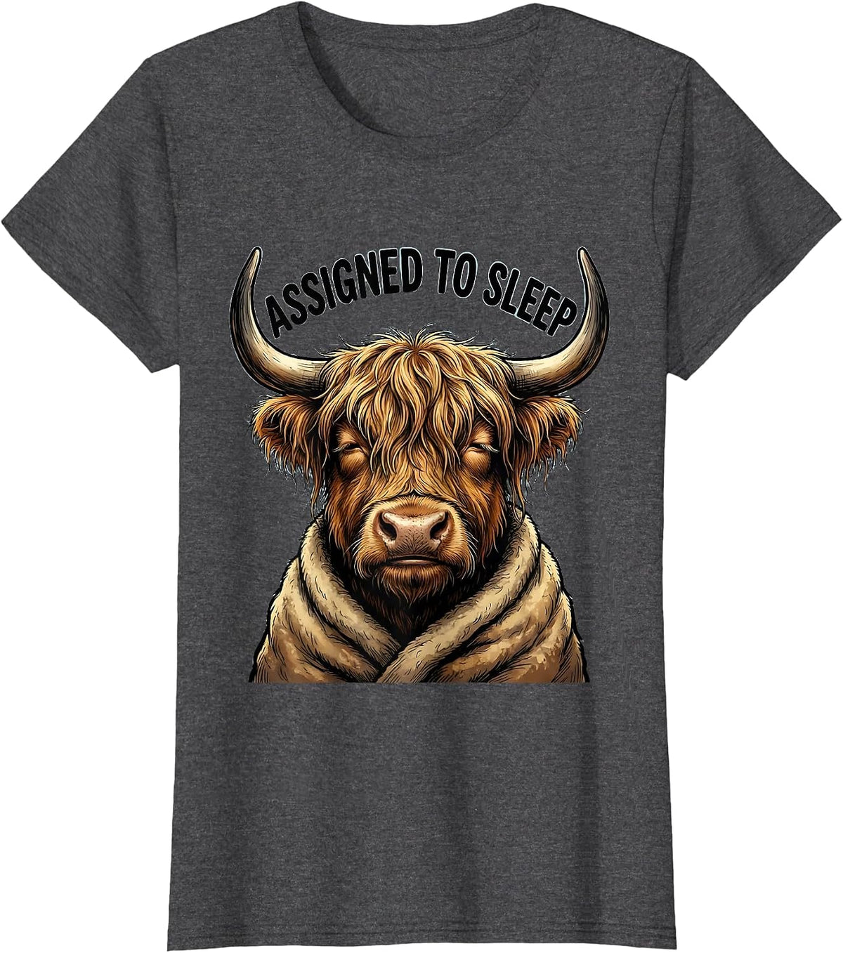 Women's Assigned To Sleep Funny Highland Cow Attitude Cartoon T-Shirt - Dark Heather Grey