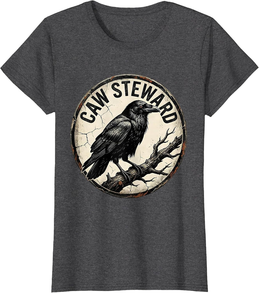 Women's Caw Steward Distressed Crow Bird Gothic Nature Enthusiast T-Shirt - Dark Heather Grey