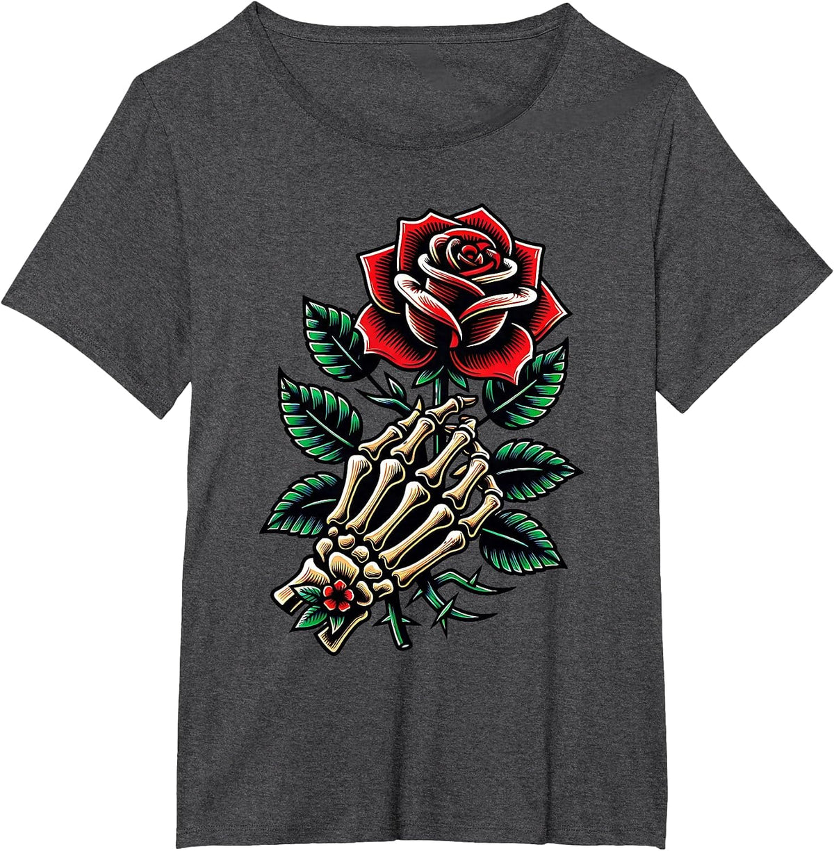 Skeleton Hand Rose Graphic T-Shirt - Dark Heather Grey