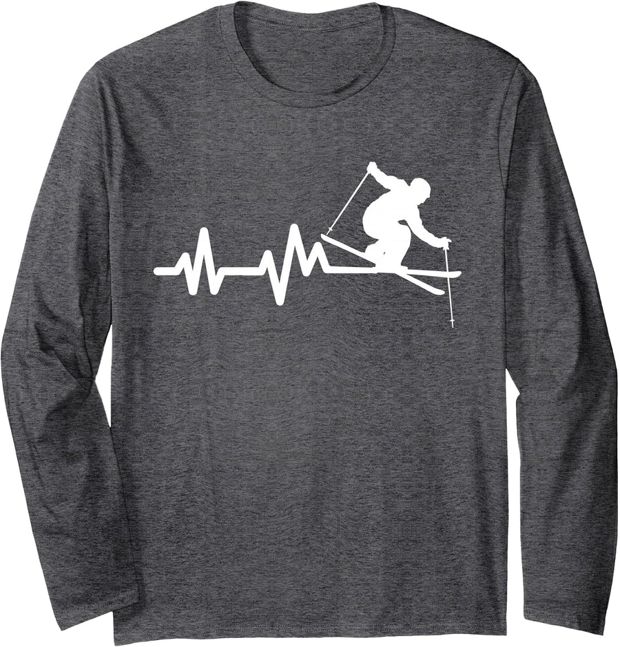 Ski Heartbeat Skiing Skier Long Sleeve T-Shirt - Adult Unisex Dark Heather Grey
