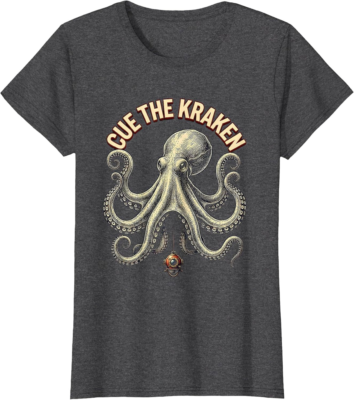 Women's Cue The Kraken Playful Octopus Sea Monster Ocean Lover Humor T-Shirt - Dark Heather Grey