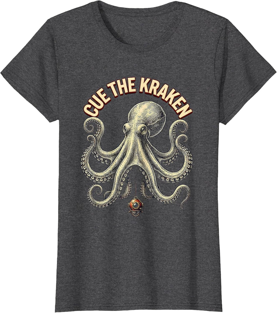 Women's Cue The Kraken Playful Octopus Sea Monster Ocean Lover Humor T-Shirt - Dark Heather Grey