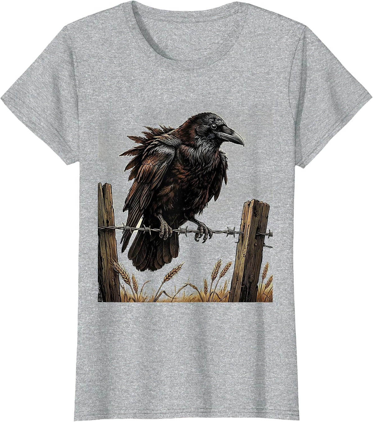 Crow Perched on Barbed Wire Illustration T-Shirt - Heather Grey