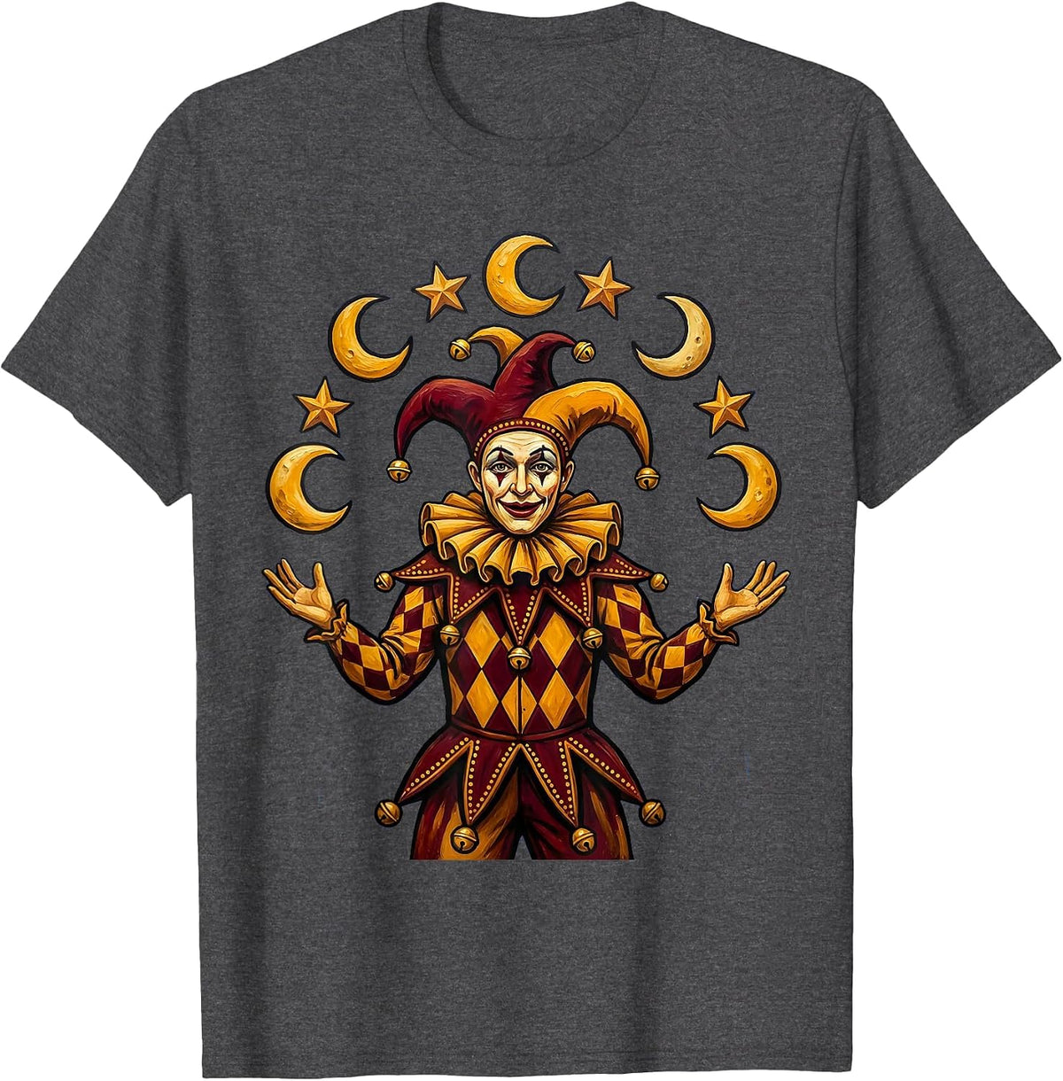 Mardi Gras Jester Juggling Moons and Stars T-Shirt - Dark Heather Grey