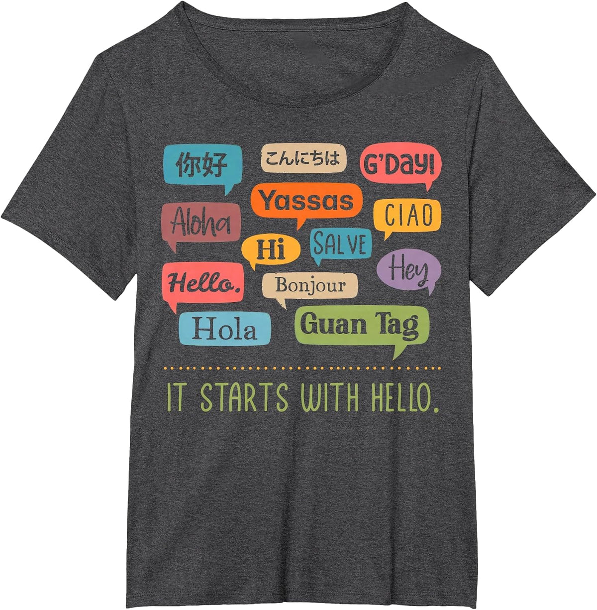 It Starts with Hello Friendship Unity Inclusion Teacher T-Shirt Tee for Educators - Dark Heather Grey