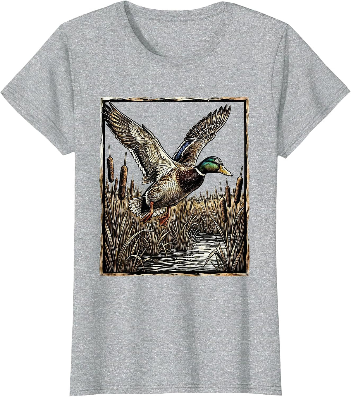 Women's Camo Duck Flying Over Cattail Marsh Graphic T-Shirt - Heather Grey
