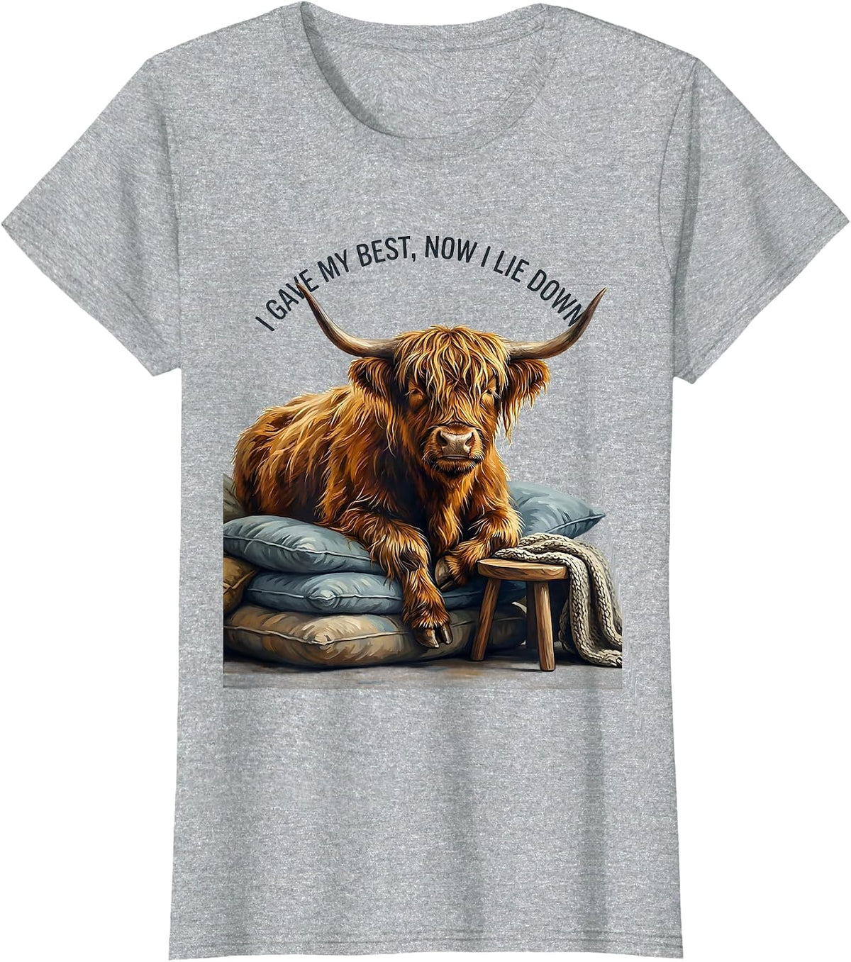 I Gave My Best, Now I Lie Down Highland Cow Cozy Whimsical T-Shirt - Heather Grey