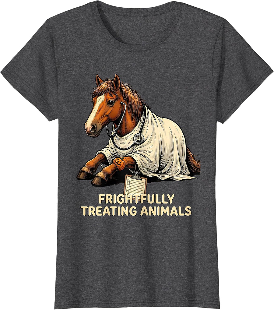 Women's Frightfully Treating Animals Funny Vet Tech Halloween T-Shirt - Dark Heather Grey