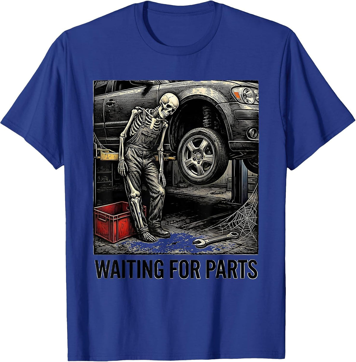 Men's Waiting For Parts Funny Mechanic Skeleton Auto Repair Humor T-Shirt - Royal Blue