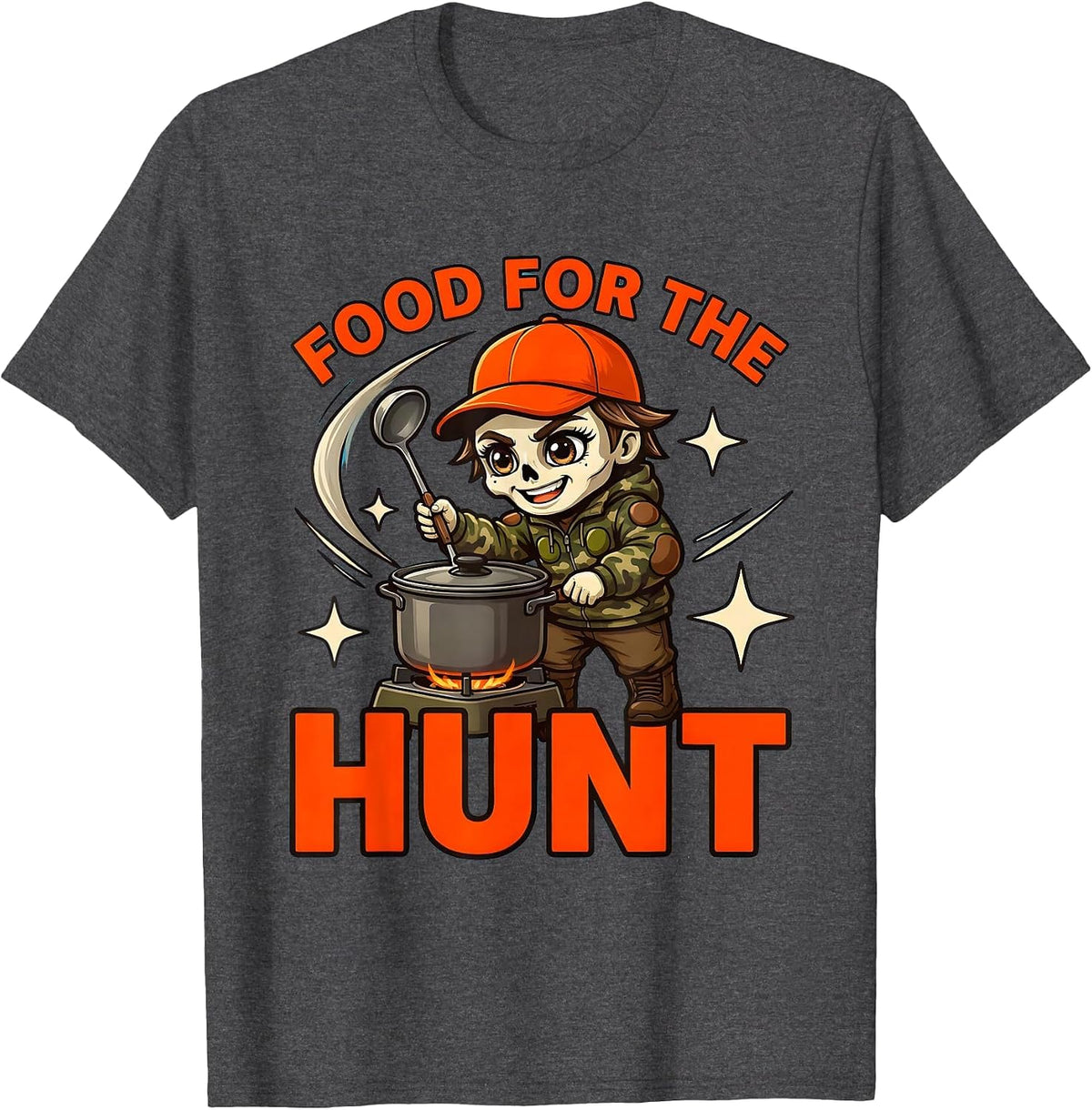 FOOD FOR THE HUNT Funny Hunter Deer Camp Cartoon T-Shirt - Dark Heather Grey