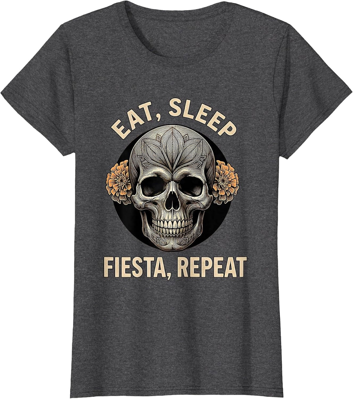 Women's Eat Sleep Fiesta Repeat Mexico Celebration Design T-Shirt - Dark Heather Grey