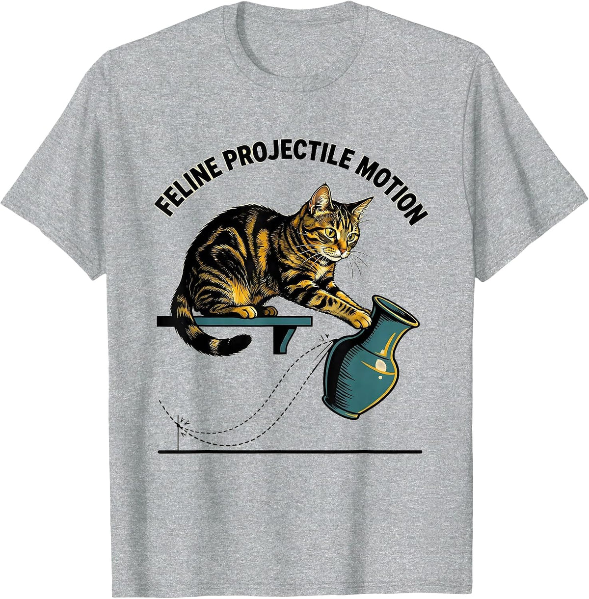 Men's Feline Projectile Motion Funny Cat Physics Humor Design T-Shirt - Heather Grey