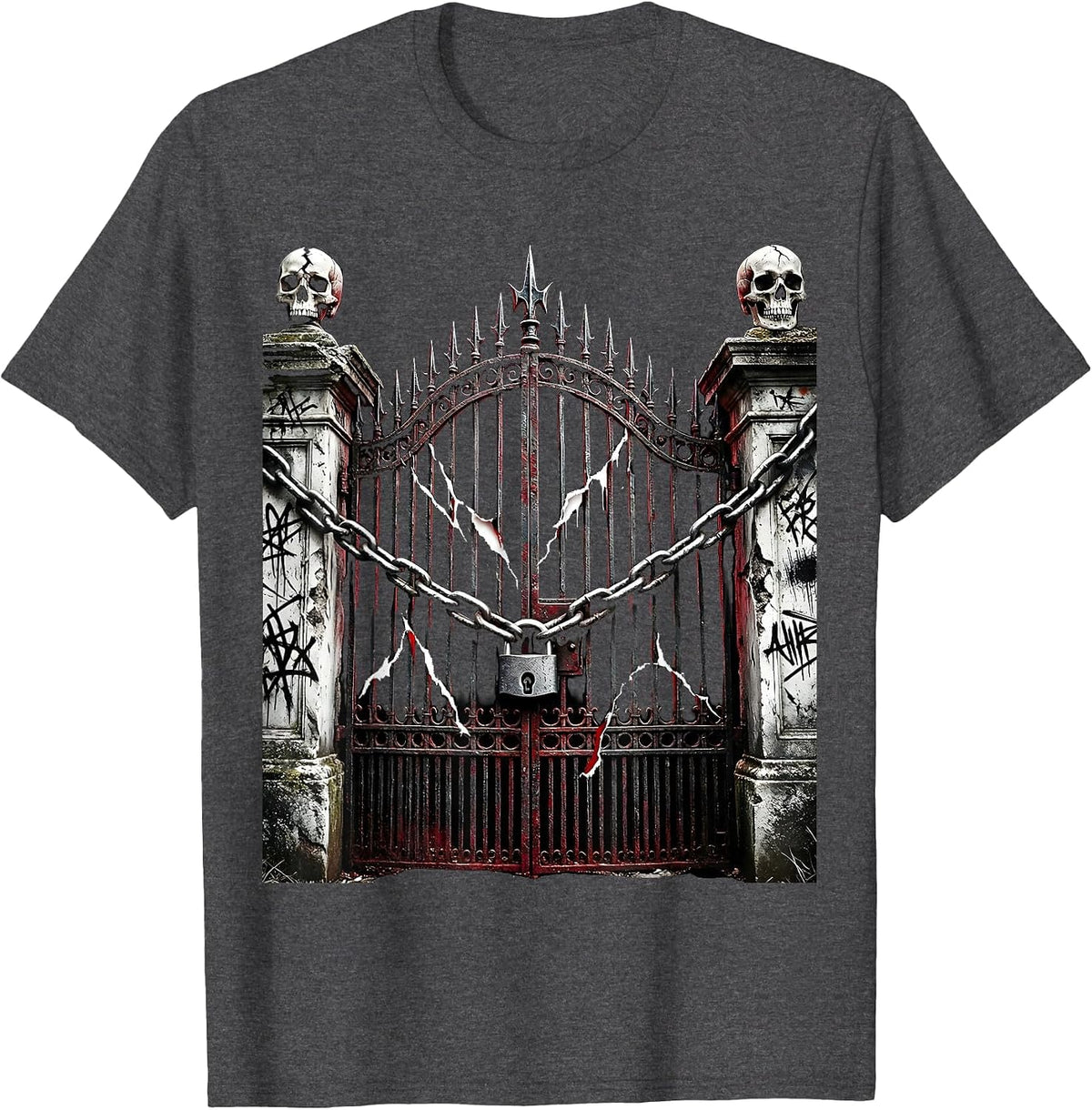 Men's Emo Cemetery Gate Wrapped in Chains Graphic T-Shirt - Dark Heather Grey