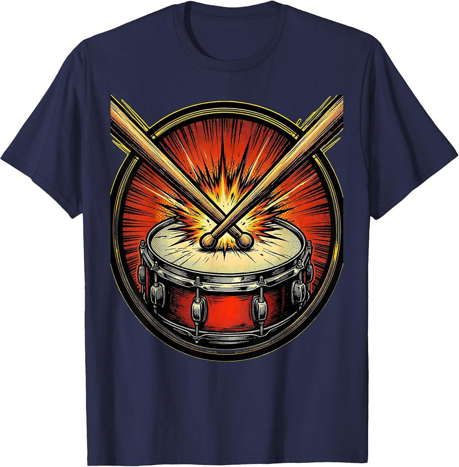 Crossed Drumsticks Snare Drum Rock Band Graphic T-Shirt - Navy Blue