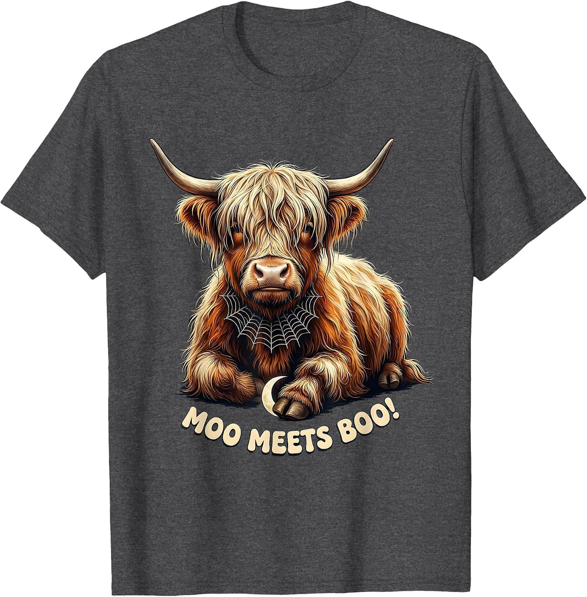Men's Moo Meets Boo! Funny Highland Cow Fall Halloween Seasonal T-Shirt - Dark Heather Grey