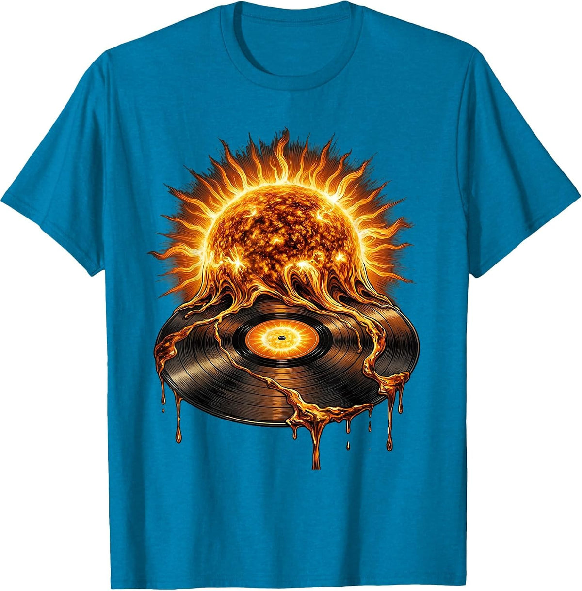 Sun Melting Into Vinyl Record Rock Music Graphic T-Shirt - Sapphire Blue