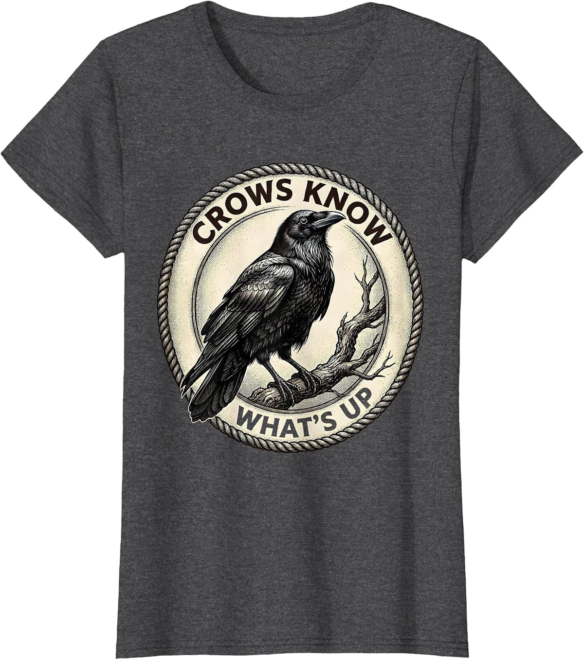 Women's Crows Know What's Up Bold Crow Graphic Design T-Shirt - Dark Heather Grey