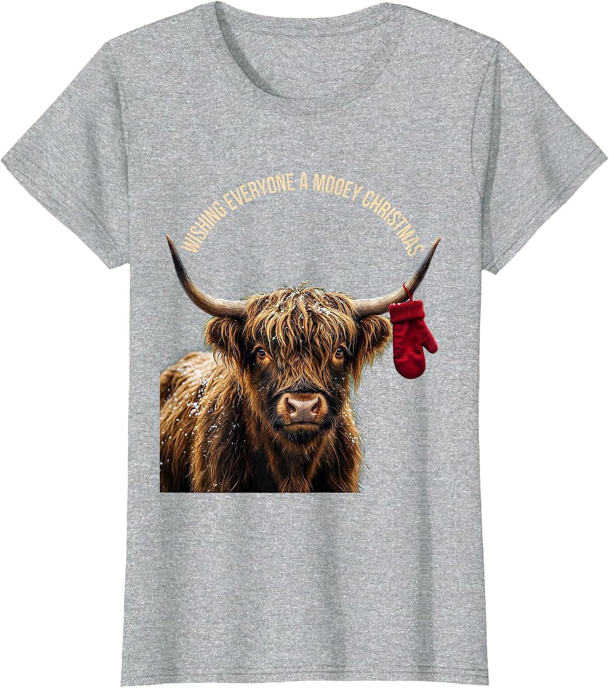 Women's Wishing Everyone A Mooey Christmas Funny Highland Cow Farm T-Shirt - Heather Grey