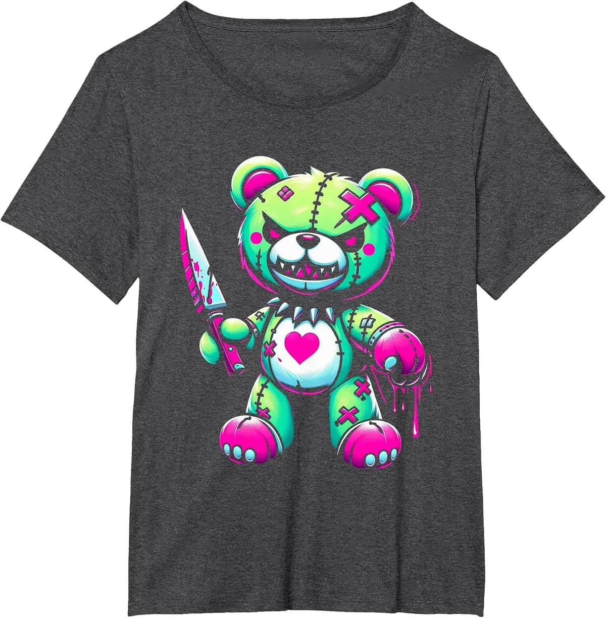 Pastel Goth Teddy Bear Horror Halloween Creepy Scary T-Shirt - Dark Heather Grey
