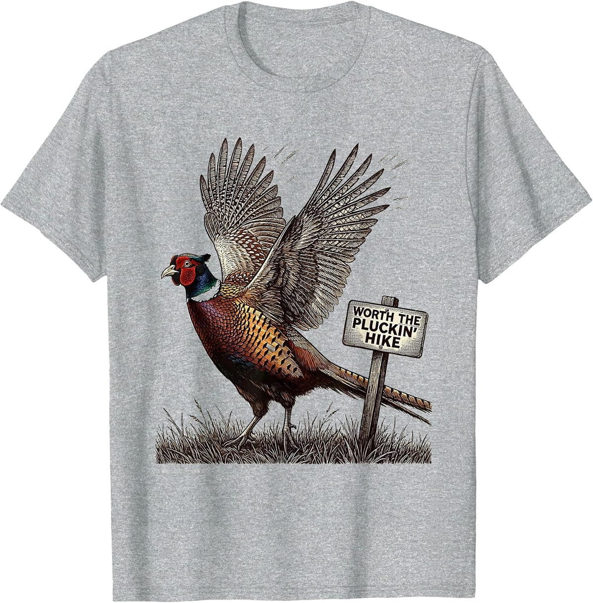 Men's Worth The Pluckin' Hike Crosshatch Etching Pheasant Hunter T-Shirt - Heather Grey