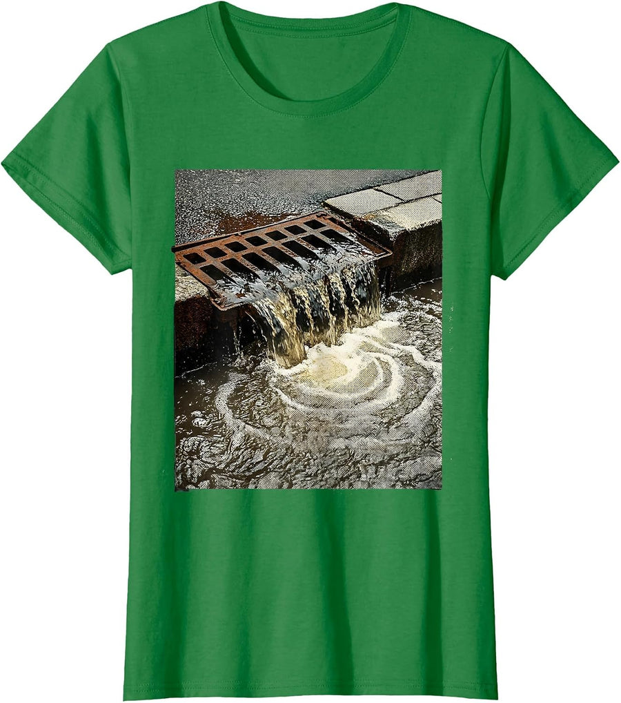 Women's Grunge Storm Drain Overflowing Dark Water Art T-Shirt - Kelly Green