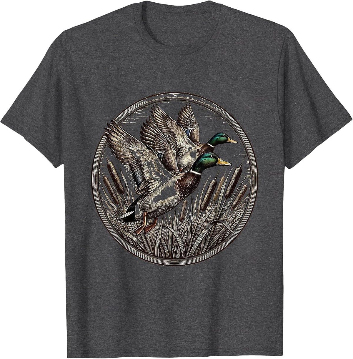 Men's Duck Flying V-Formation Over Cattails Illustration T-Shirt - Dark Heather Grey