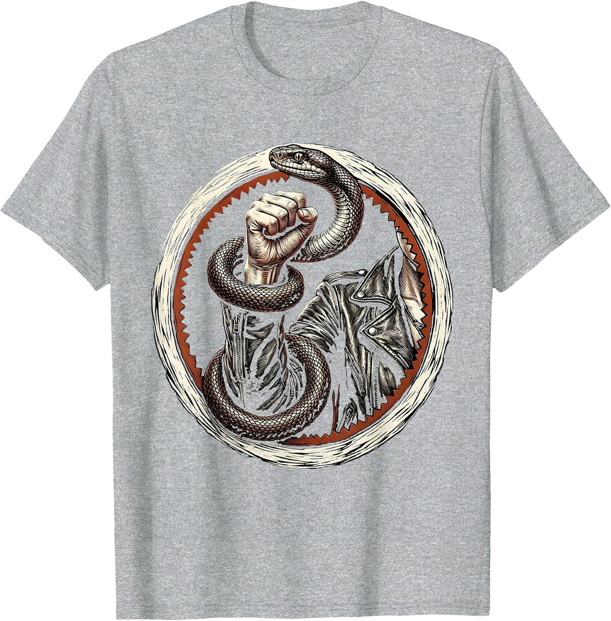Men's Punk Snake Leather Jacket Graphic Design T-Shirt - Heather Grey