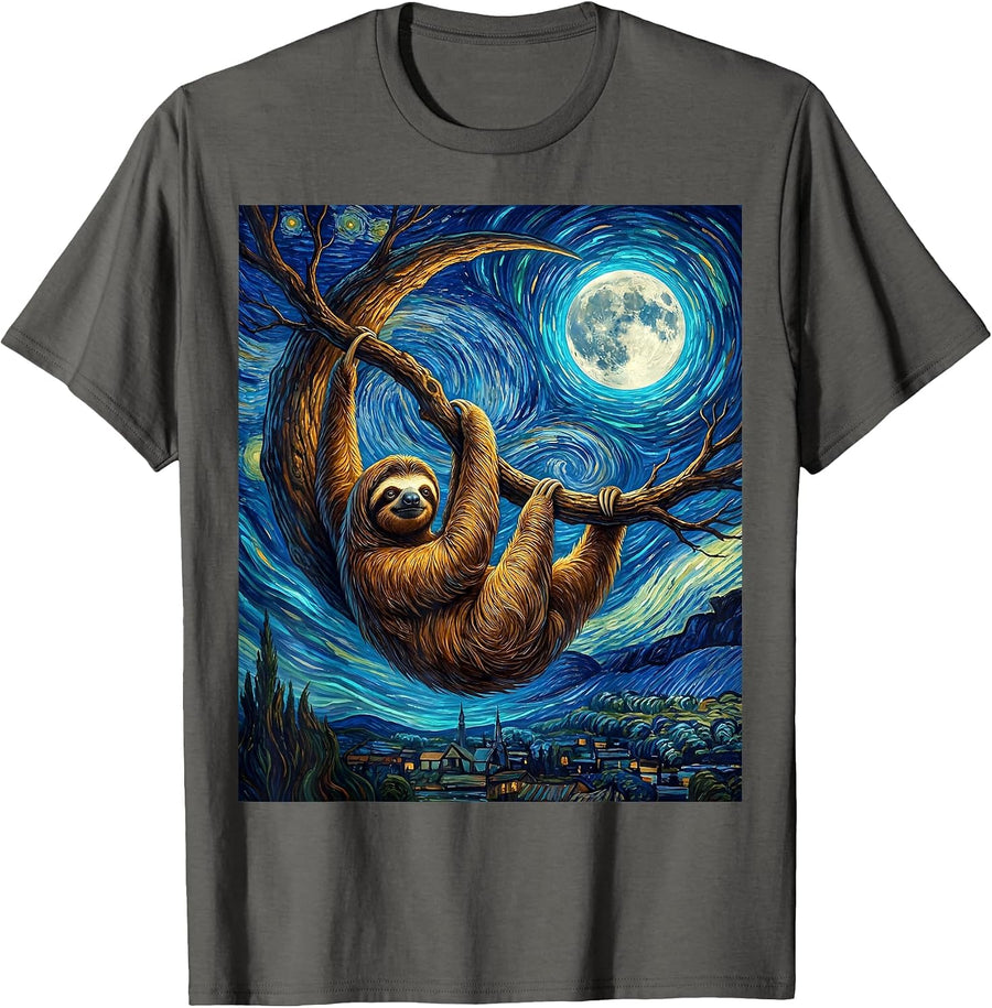 Sloth Starry Night Van Gogh Animal Lover Art Homage T-Shirt - Asphalt Grey