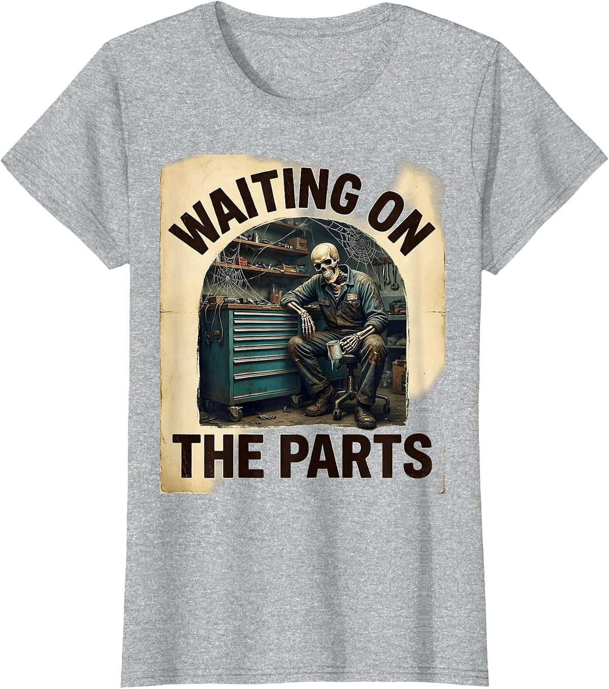Women's Waiting On The Parts Vintage Skeleton Mechanic Auto Repair T-Shirt - Heather Grey